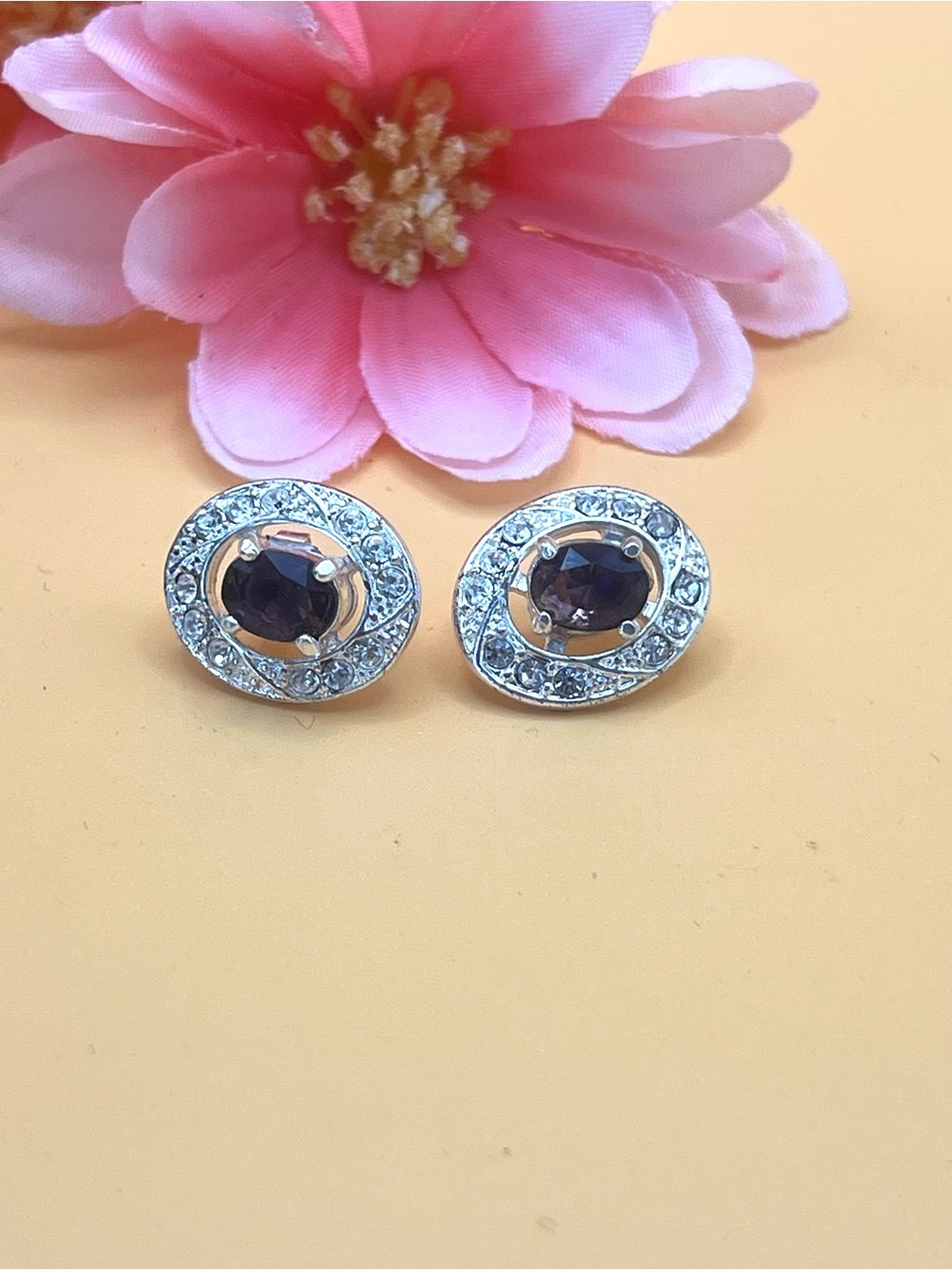 Oval Amethyst Halo Stud Earrings,silver plated
